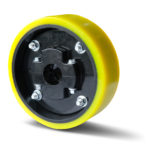 urethane coated carry-over-wheel, wood products industry for board carry-over applications between chain runs.