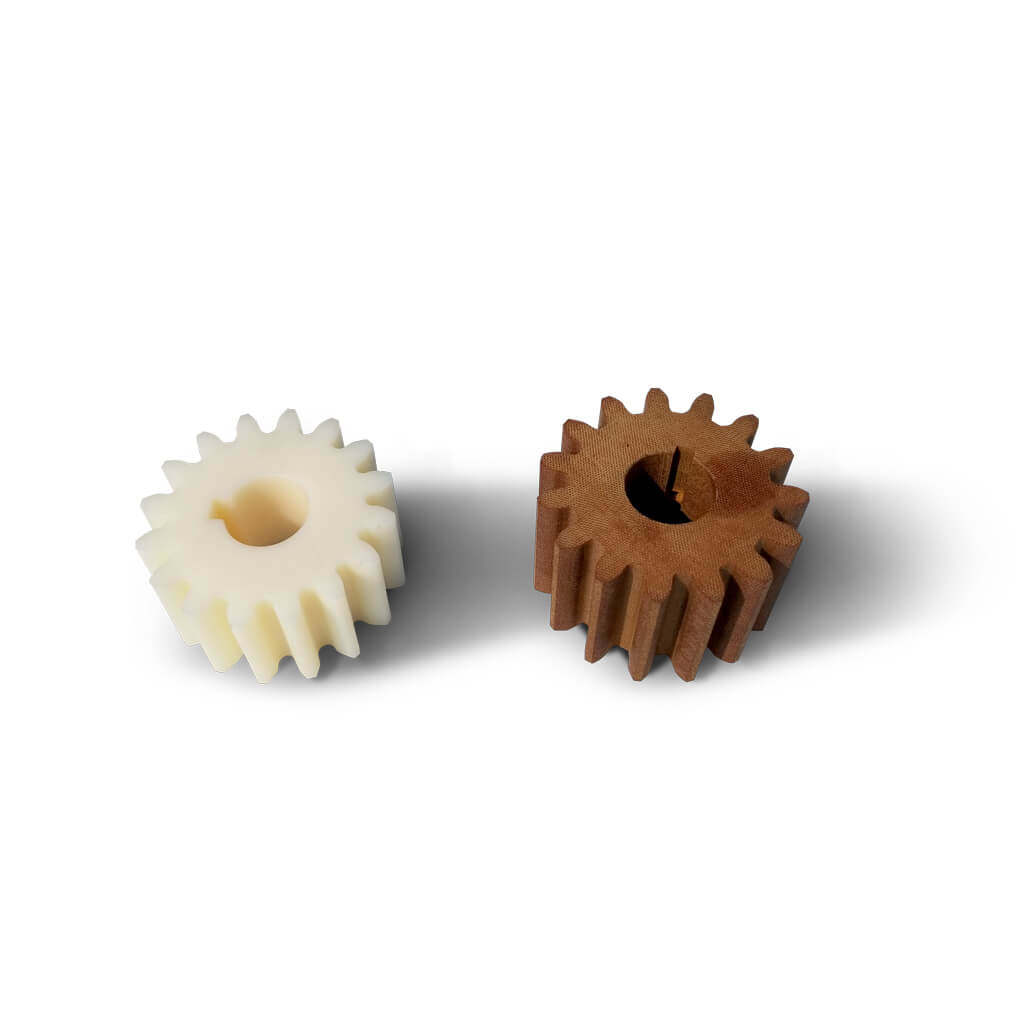 spur gears made for quiet operation, no need for lubrication, use in agriculture, food processing, mining