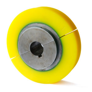 Diversified Plastics' Yellow Urethane Crown Pulley Urethane Crown Pulley, cost effective recoating, high grip, reduced material buildup, various durometers
